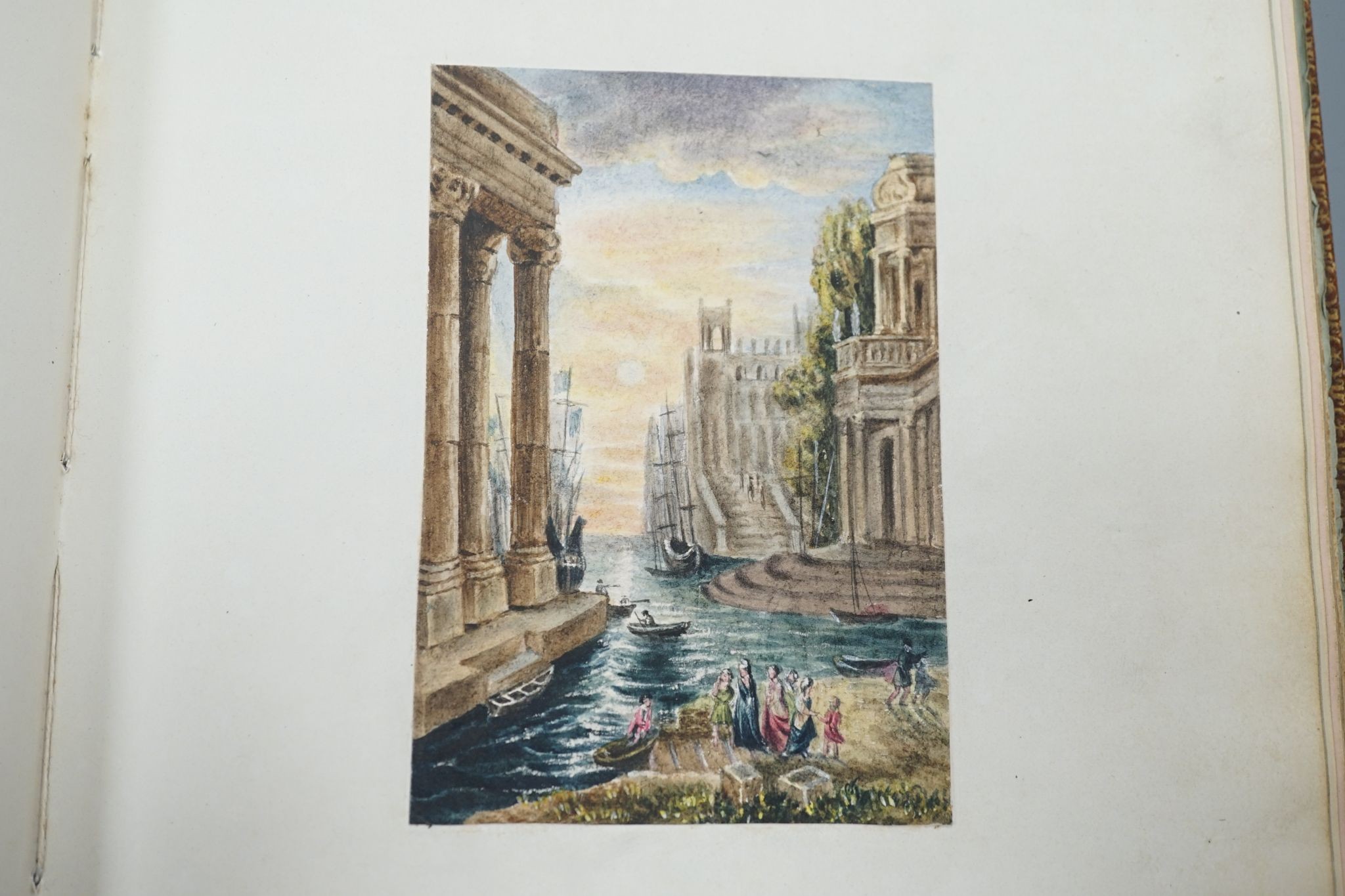 Mary Ann Vogan - an early 19th century album of 60 watercolours, pencil and ink drawings and engravings, including portraits, botanical specimens, land and seascapes, including 3 by R.C. Vogan, the front fly leaf inscrib